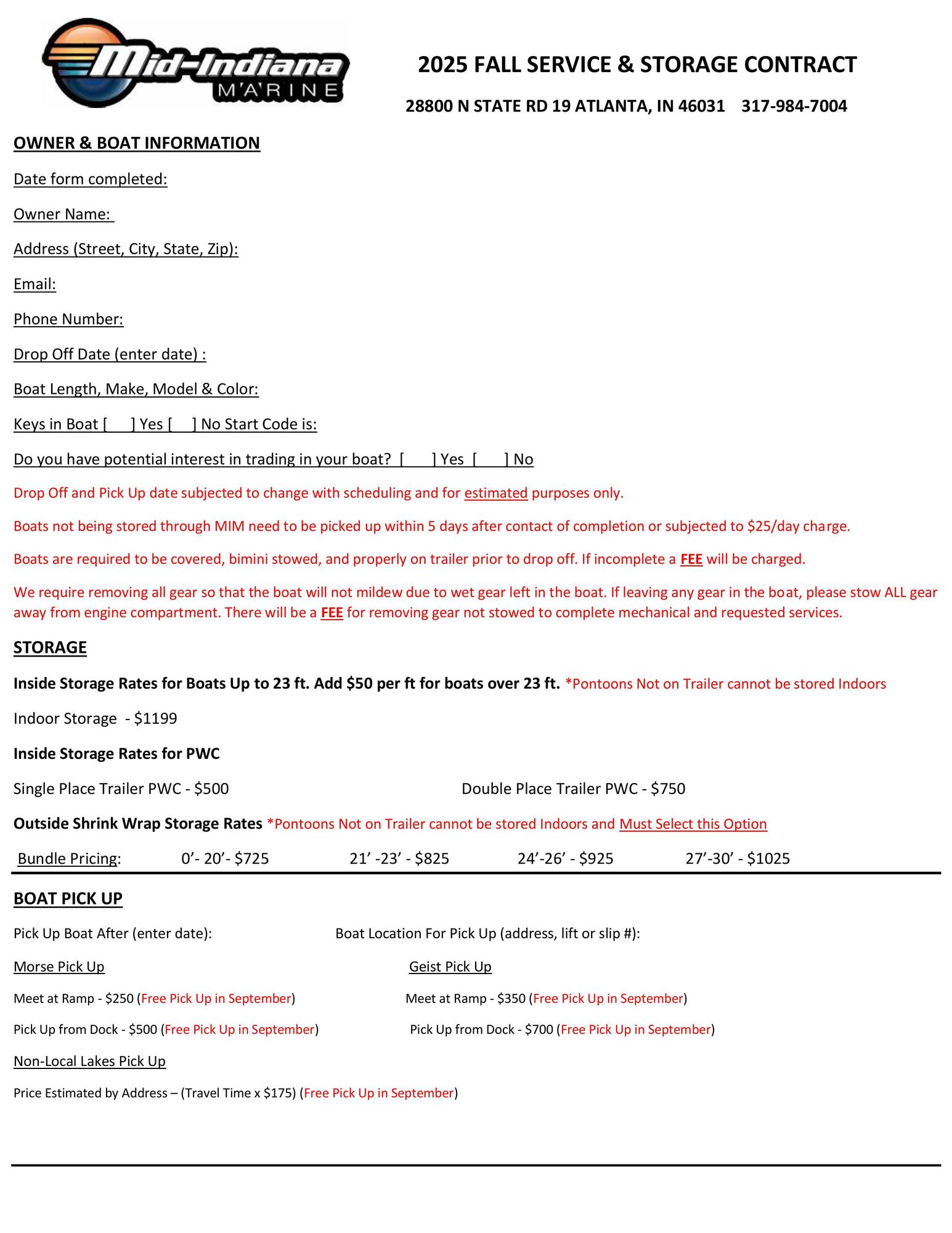 Mid-Indiana Marine - Fall and Winter Boat Service Form